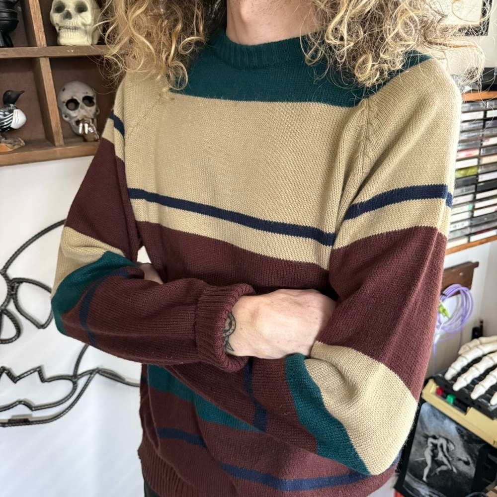 Vintage 90s Wrangler Earthy Striped Crewneck Knit Sweater ~ Size Large - Picture 4 of 7